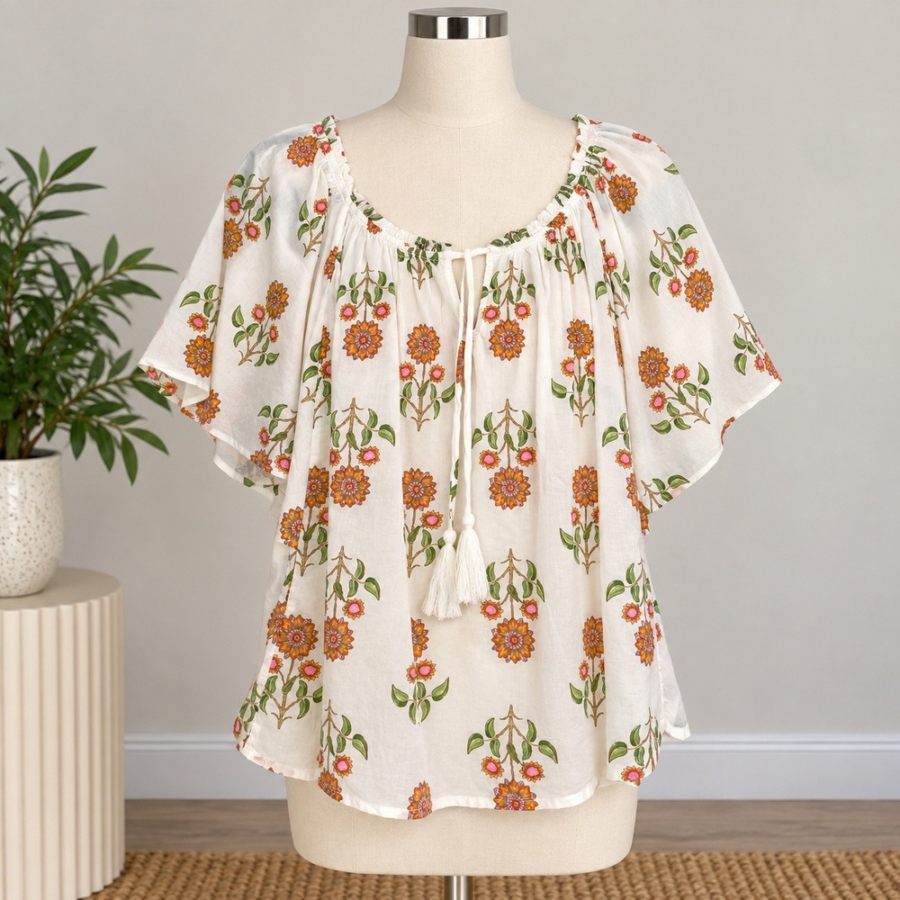 Old Navy Blouse White Floral Cotton Tassel Boho Peasant Flutter Sleeve Sz L